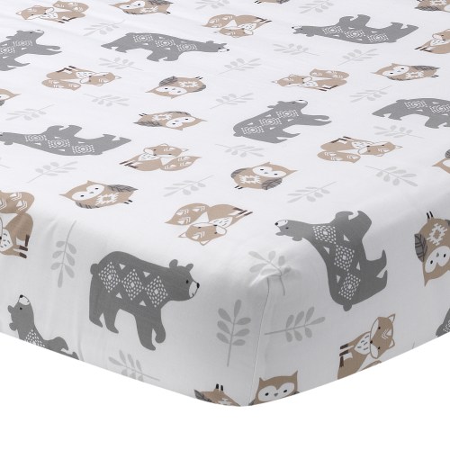 Lambs & Ivy 100% Cotton Baby Fitted Crib Sheet, Woodland Forest Animal Print with Fox, White/Gray