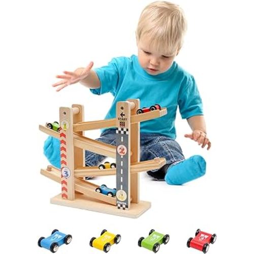 Car Ramp Toy, Wooden Car Ramp Toy with 4 Mini Cars, Fine Motor Skill & Improve Focus, Race Car Track Toy, Montessori Ramp Racer Playset for Toddlers Age 3-6 Boys Girls Birthday Gift (City Pattern)