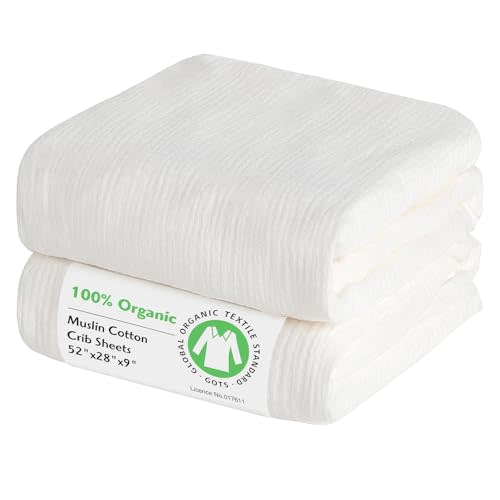 Baby Organic Crib Sheets 2 Pack 100% Organic Muslin Cotton 52x28 Inches Fitted Crib Mattress Sheet for Baby Girls Boys, Ultra Soft Neutral Toddler Bedding Bed Sheets Fits Standard Size Cribs Mattress