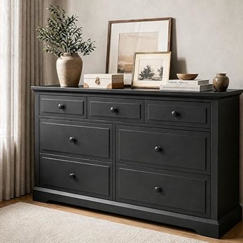 Gyfimoie 7 Drawer Dresser for Bedroom, 54" Wide Wooden Chest of Drawers, Rustic Farmhouse Dresser with Deep Drawers, Modern Storage Organizer for Closet, Living Room, Hallway, Black
