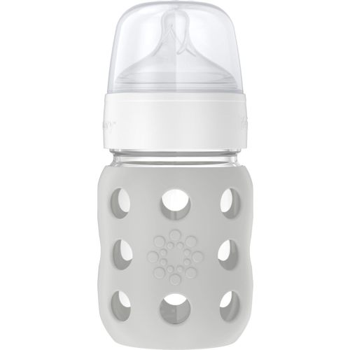 Lifefactory 8-Ounce Wide Neck Glass Baby Bottle with Protective Silicone Sleeve and Stage 2 Nipple, Stone Grey (LG2211WCG4)