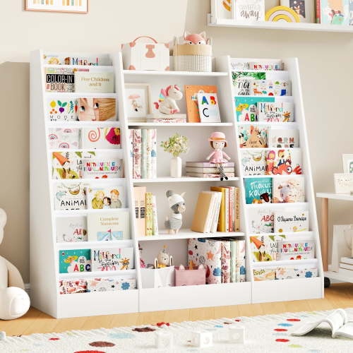 Homfa Kids Bookshelf and Toy Storage with Canvas Sling Sleeves, Modern Wood Display Bookshelf for Playroom Living Room Bedroom, White