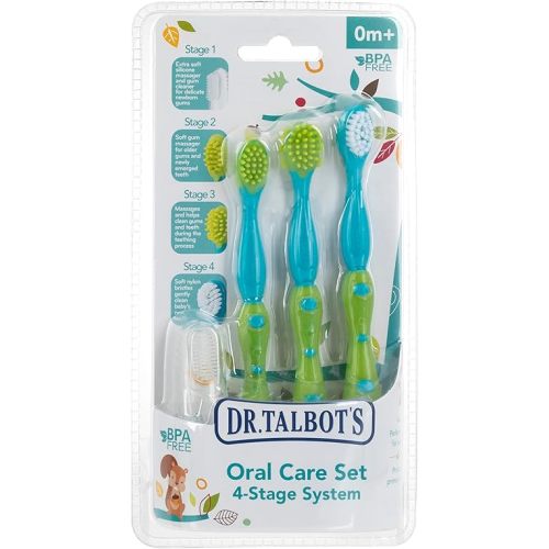 Dr. Talbot's Oral Care Set with Stand; 4-Stage System with 1 Silicone Finger Massager, 2 Massaging Brushes, 1 Soft Nylon Bristle Toddler Toothbrush; 0+ Months, Blue & Aqua