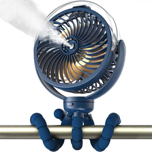 Portable Misting Fan,6000mAh Stroller Fan with Light & 360° Pivoting Battery Operated Fan,USB Rechargeable Fan with Flexible Tripod for Baby, Office, Travel,Crib,Treadmill,Outdoors Blue