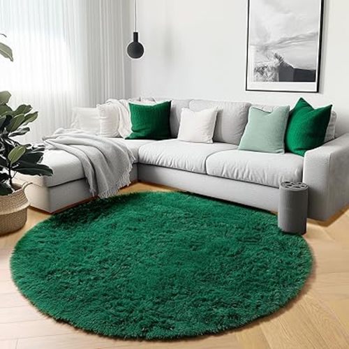 ONASAR Dark Green Round Area Rugs 5ft, Fluffy Soft Bedroom Circle Rug for Kids Girls Boys Teen Room, Furry Plush Shaggy Carpet Floor Mat for Baby Nursery Living Room Playroom Dorm Home Decor