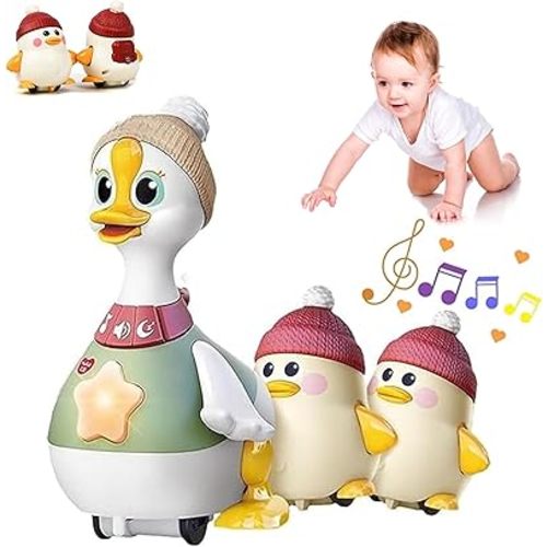Tummy Time Duck Toy, Walking Duck with Baby Ducks, Baby Music Toy Duck Baby Belly Time Toy, Newborn Light up Swinging Crawling Toys for 6-12 Months Infants Boy Girl Birthday Gifts (with 2 Duck Baby)