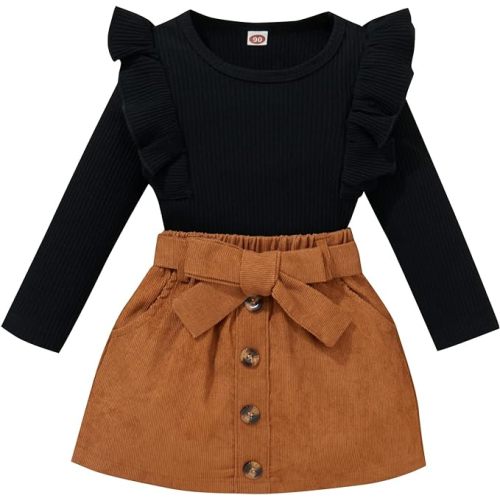 fhutpw Baby Toddler Girl Outfits Fall Winter Clothes Turtleneck Knitted Cotton Long Sleeves Tops & Button Mini Skirts Set