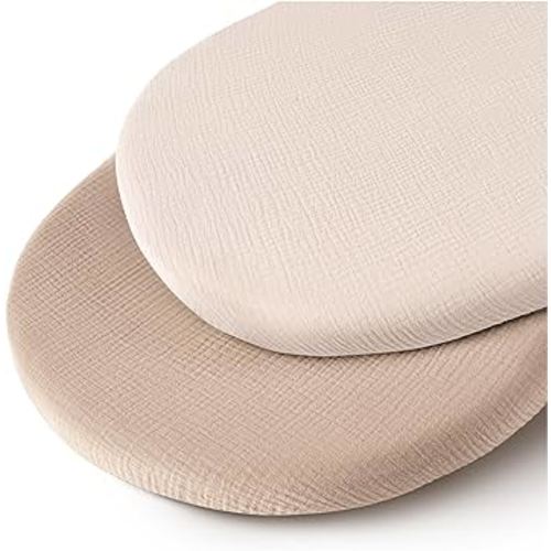 Muslin Bassinet Sheets for Baby Neutral, Soft Breathable Cotton Fitted Sheets for Oval, Rectangle, Hourglass Bassinet Mattress/Pad - 2 Pack (Ivory& Ash)