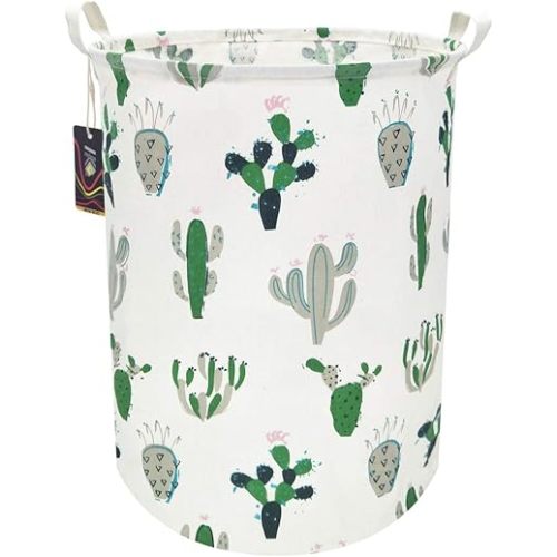 Green Cactus Laundry Basket,Baby Clothes Hamper for Nursery,Kids Toys Storage Bin,Waterproof Canvas Organizer Basket for Bedroom Decor,Gift Baskets(Green and Gray Cactus)