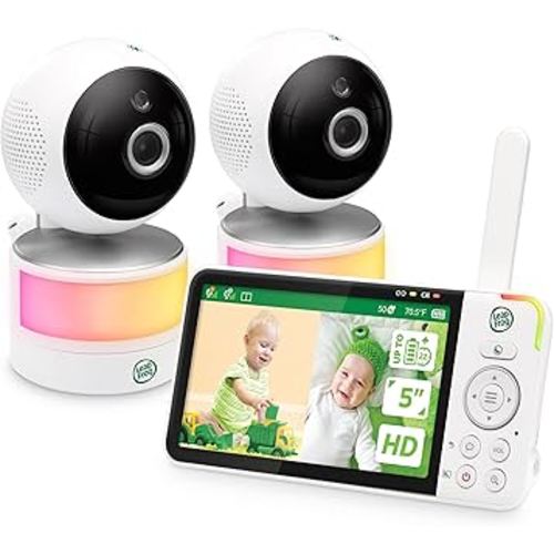 LeapFrog LF915-2HD Baby Monitor, 2 Cameras, 5” 720p Screen, 360° Pan-Tilt-Zoom, Color Night Vision, Night Light, Two-Way Intercom, Secured Transmission No WiFi