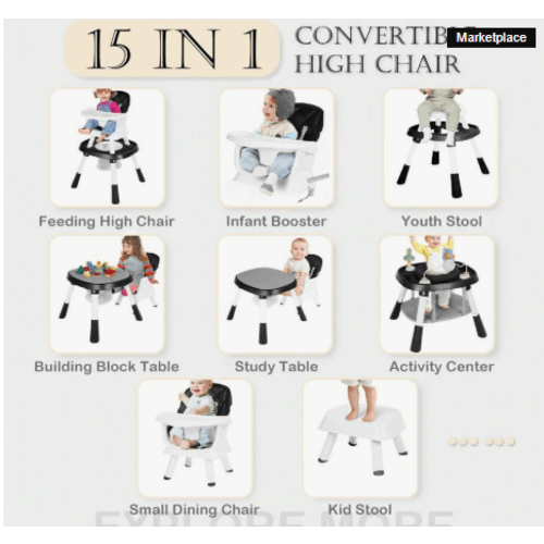 Kinder King 15 In 1 Baby High Chair, Coverts To Rotatable Activity Play Center/Infant Dining Booster Seat/Kids Table & Chair Set/Toddler Building Block Table, Detachable Toys, Removable Tray, Christmas Gift