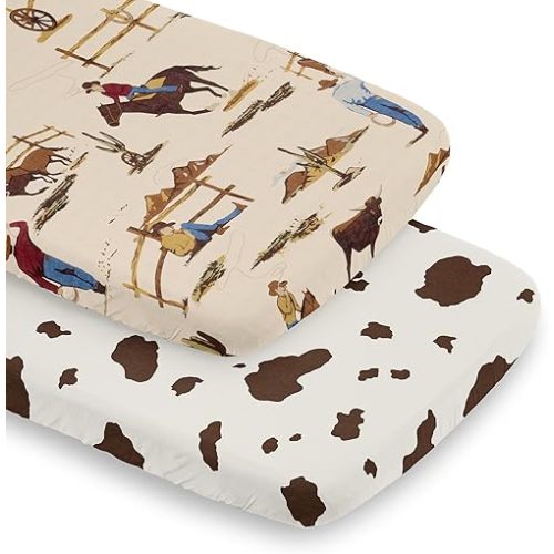 Sweet Jojo Designs Tan Brown Western Cowboy Boy Baby Bassinet Sheets Fitted Sheet Set Infant Newborn Nursery Oval Rectangle Hourglass Mattress 2p Off White Cow Print Animal Southern Wild West Horse