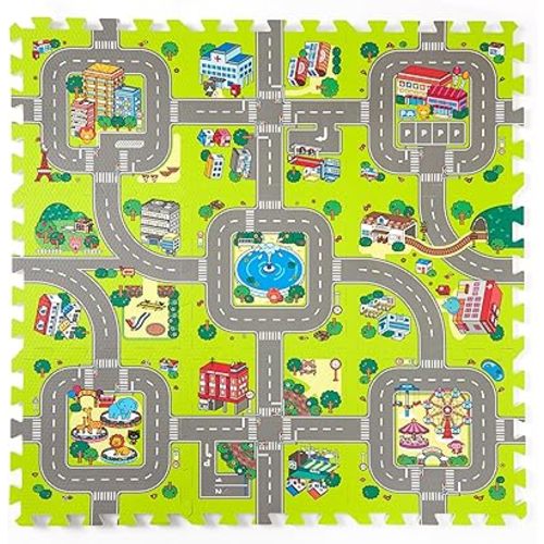Baby Play Mats for Floor, Foam Play Mat, Interlocking Foam Tiles City Road Track Puzzle Mat 9 Pieces