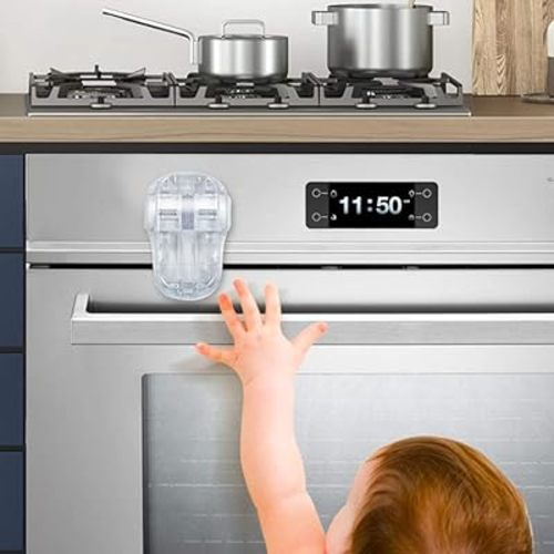 EUDEMON Child Safety Heat-Resistant Oven Door Lock, Oven Front Lock for Kids Easy to Install, Use Adhesive,No Screws or Drill (1 Pack,Clear-White)(Only for Flat Surface)