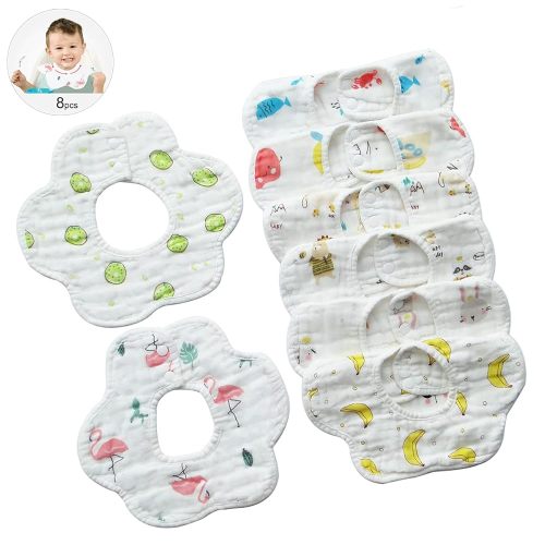 Baby Bibs 8pcs 360° Rotate Soft Anti-Stain Odor-resistant Unisex Feeding Drooling Teething Neck Petal Bibs, 100% Cotton Rotating Absorbent Infant Bandana Set for Newborn Boy Girl Toddler (8pack)