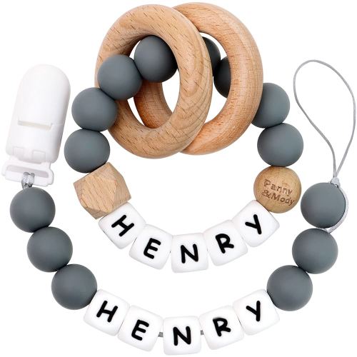 Personalized Gifts Set with Name, Luxurious Ideal Gift for Newborns, Rattle and Clip (Grey)