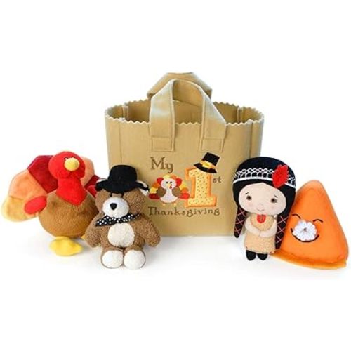 Genius Baby Toys The Original My Baby's First Thanksgiving Playset with Turkey, Teddy Bear, Pumpkin Pie, Native American Girl