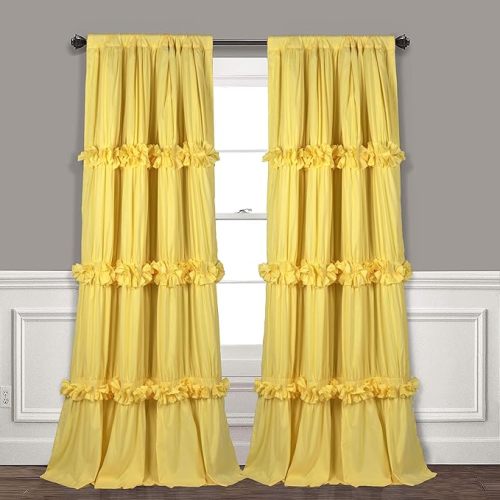 Thermal Insulated Blackout Window Curtains, 54" W x 84" L x 2 Panels, Boho Ruched Window Treatments with 3 Rows of Butterfly Flowers, Rustic Rod Pocket Drapes, Bright Yellow (LQ-30)