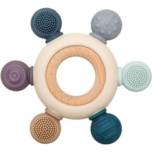 Baby Teething Toys for 3 Months+, Silicone Teethers BPA Free Silicone Rudder with Wooden Ring Soothe Babies Gums (Grey)