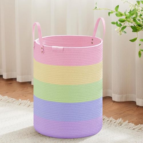 VIPOSCO Tall Laundry Basket, Large Dirty Clothes Hamper with Leather Handle, Woven Rope Storage Basket for Blanket, Toy In Living Room, Bathroom, Bedroom - 58L Grey & White