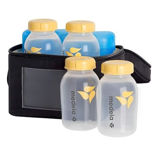 Medela Breast Milk Storage Cooler Bag with Contoured Ice Pack, 4 Bottles and Lids, Convenient Breastmilk Transport - Baby Bottle - Breast Milk Cooler Set