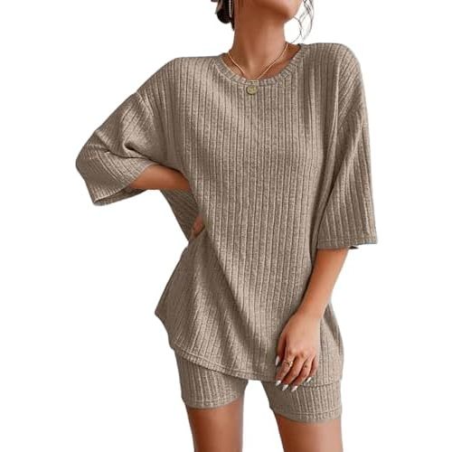 Ekouaer 2 Piece Lounge Set Women Ribbed Knit Oversized Shirts Biker Shorts Airport Outfits Track Suits