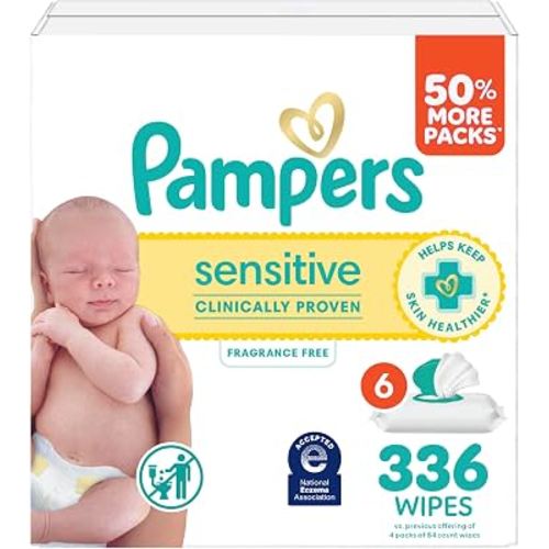 Pampers Sensitive Baby Wipes, Clinically Proven, Fragrance Free, Unscented, Water Based, Hypoallergenic, Multi-Use, Hand Wipes 336 Wipes Total (6X Flip-Top Packs) [Packaging May Vary]