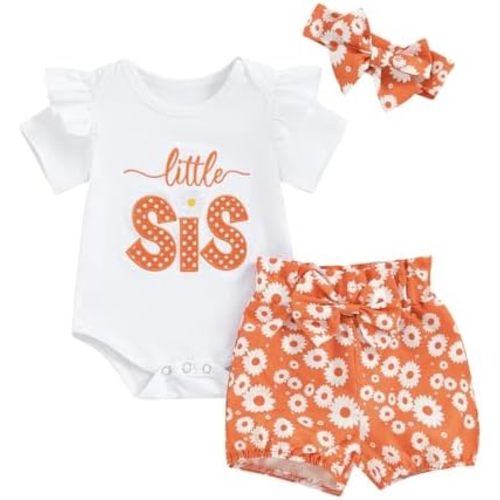 Big Sister Little Sister Matching Outfits Short Sleeve Romper Big Sister Shirt Shorts Set 3Pcs Summer Clothes