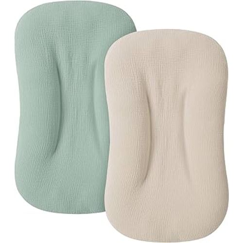 Muslin Baby Cover for Newborn, Soft and Breathable 100% Cotton Lounger Slipcover Neutral, Pack of 2(Green, Ivory)