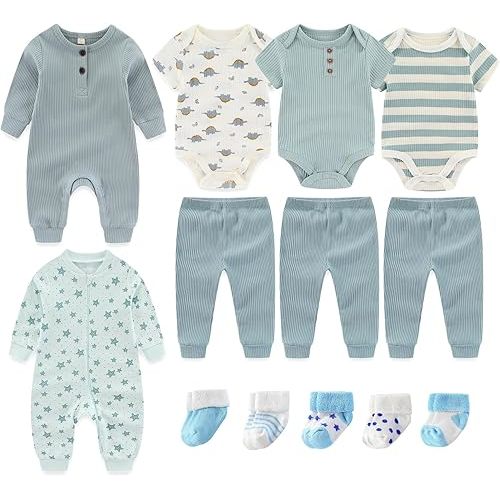 Ribbed Baby Bodysuits and Zip Romper Cotton Pants Clothes Sets 0-12 Months