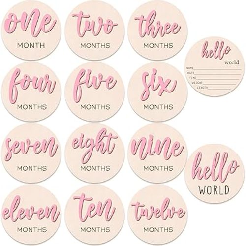 7 Pcs Baby 3D Monthly Milestone Wooden Signs Girl Baby 1-12 Months Announcement Card Sign Wood Markers Disc Block Baby Keepsake Double Sided Engraved Keepsake Photo Prop (Pink)