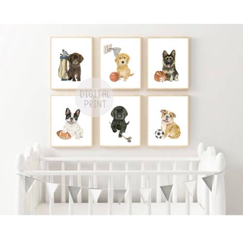 Nursery Dog Prints Set of 6 Sports Nursery Décor PRINTABLE Watercolor Puppy Painting Puppies Playing Sports Baby Room Wall Art