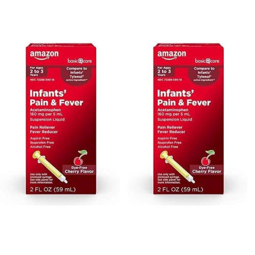 Amazon Basic Care Infants' Pain & Fever, Acetaminophen 160 mg per 5 mL, Suspension Liquid, Dye-Free Cherry Flavor, 2 fl oz (Pack of 2)