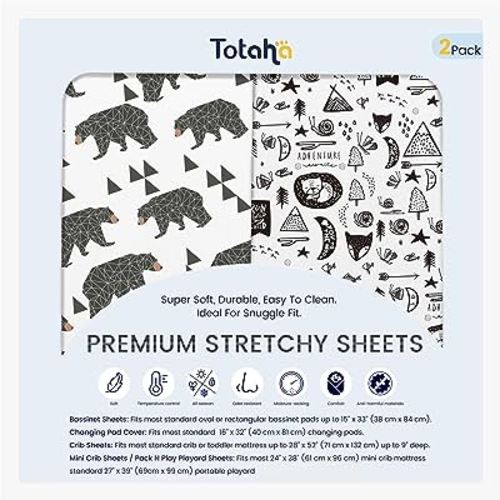 TotAha Premium Stretchy Pack N Play Playard Sheets | Mini Crib Sheets (2-Pack) - Hypoallergenic, Silky Comfort, Buttery Soft, Calming Effect, All-Season Jersey-Knit (Bear)