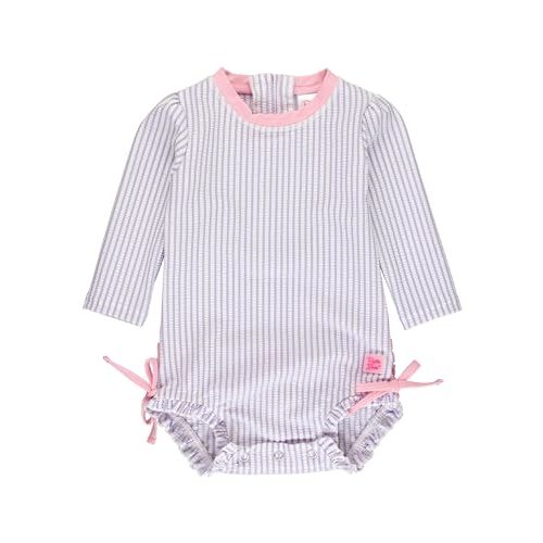 RuffleButts Baby/Toddler Girls Seersucker Long Sleeve One Piece Rash Guard Swimsuit with UPF 50+ Sun Protection