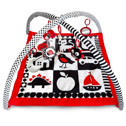 QUOKKA Padded Baby Mat for Floor Tummy Time - High Contrast Baby Kick and Play Mat - 6 Toys | Thick Pad | Machine Washable | Black White Red Colors for Vision Development
