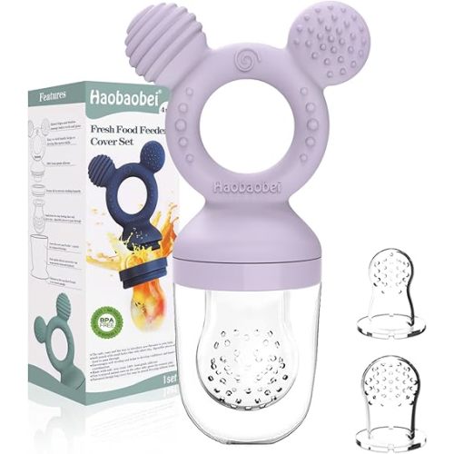 Baby Fruit Feeder, Frozen Teething Toys for Babies, Teether Pacifier with 3 Extra Teats, Eating Essentials, BPA Free Baby Feeding Supplies (Lavender)
