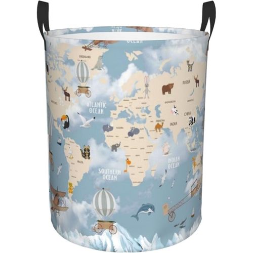 Animals Travel World Map Foldable Laundry Basket Organizer,Fabric Clothes Toy Storage Basket Nursery Hamper Storage Bin For Household Bedroom, Bathroom, College Dorm-Small
