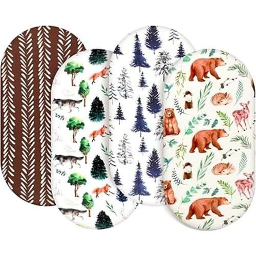 4 Pack Bassinet Sheets Woodland Forest Animals Wood Neutral Unisex Fitted Baby Bassinet Sheets Set for Standard Bassinets for Baby Boys or Girls