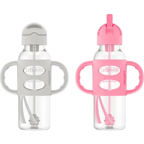 Dr. Brown's Milestones Narrow Sippy Straw Bottle, Spill-Proof with 100% Silicone Handles and Weighted Straw, 8 oz/250 mL, Gray & Pink, 6m+