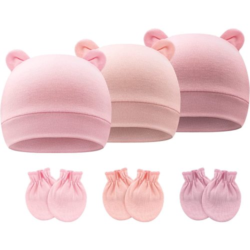BQUBO Newborn Baby Hats Mittens Set Hospital Hat Beanie Infant Bow Hats Baby Cotton Gloves No Scratch Mittens for 0-6 Months