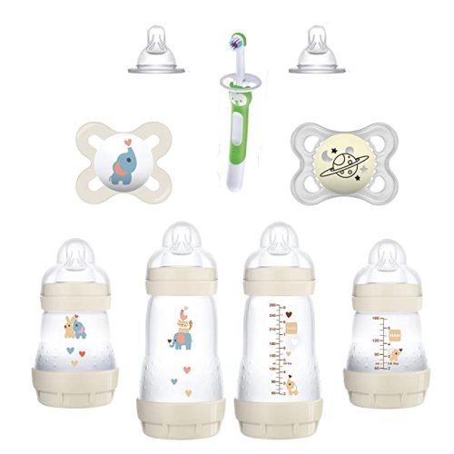 MAM Welcome Home Gift Set (9-Piece), Easy Start Anti-Colic Baby Bottles, Baby Pacifiers, Nipples, Training Toothbrush, Baby Shower Gifts - Ivory White - 9 Piece Set