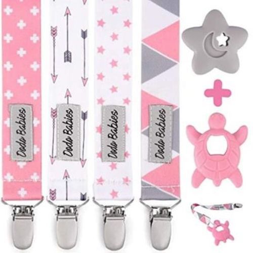 Dodo Babies Pacifier Clip & Teether Toy Set - Four Clips Plus Two Silicone Teether Toys - Universal Holder Fits Most Paci Brands