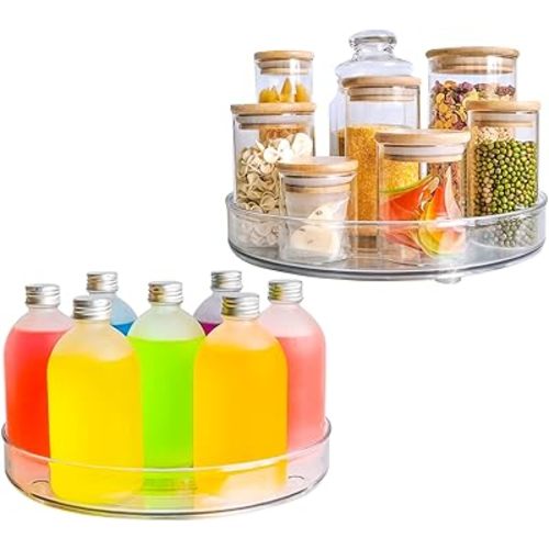 Roninkier Clear Lazy-Susan Turntable Cabinet-Organizer – 2-Pack 11-Inch Lazy Susan Spice-Rack Storage – Plastic Lazy Susan for Fridge Refrigerator Pantry