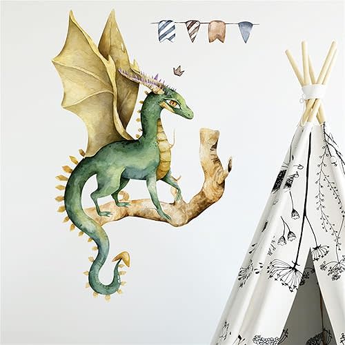 ROFARSO Cool Watercolor Dragon on Branch Wall Stickers for Kids Watercolor Removable Animal Wall Decals DIY Decorations for Nursery Baby Boys Bedroom Playroom Living Room Gaming Room