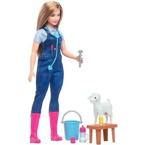 Barbie Careers Playset, 65th Anniversary Farm Veterinarian Set with Blonde Vet Fashion Doll & 10 Accessories Including Lamb with Moving Ears