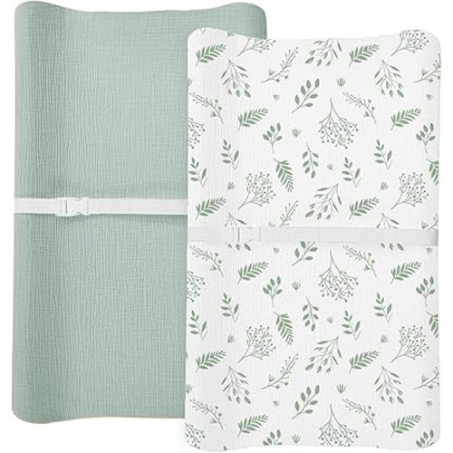 Changing Pad Cover for Baby Boy Girl 2 Pack, Muslin Changing Table Pad Covers with Boho Style, Neutral Nursery Bedding Essentials Soft and Breathable (Leaf C & Sage)