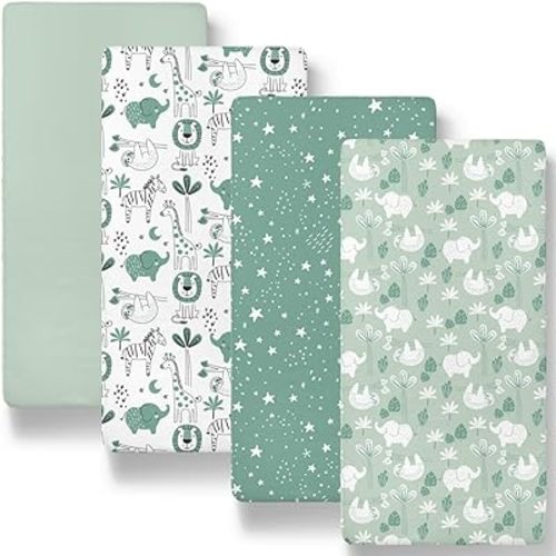 The Peanutshell Baby Bassinet Sheets 4-Pack - Soft, Oval & Fitted Baby Girls or Boys Bassinet Sheet, Rectangle, Fitted Sheet Covers for Crib, Halo Bassinet Mattress - Green Safari