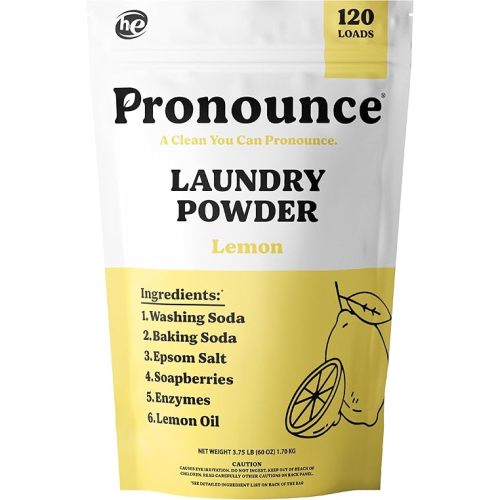 Pronounce Laundry Detergent Powder Alternative | Earth-Derived Ingredients, Eco-Friendly, Safer for Sensitive Skin, Eczema, and Babies. Stain + Smell Fighting. HE Safe (Lemon, 120 Loads).