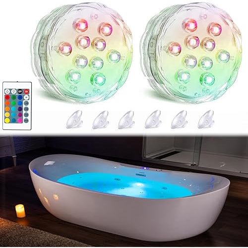 Bath Tub Lights Wireless, Battery Operated Waterproof Glow Light for Bathroom Bathtub Light Shower Spa Light, Bath Essentials for Women Relaxing, RGB Multi Color Remote Controlled, 2pcs